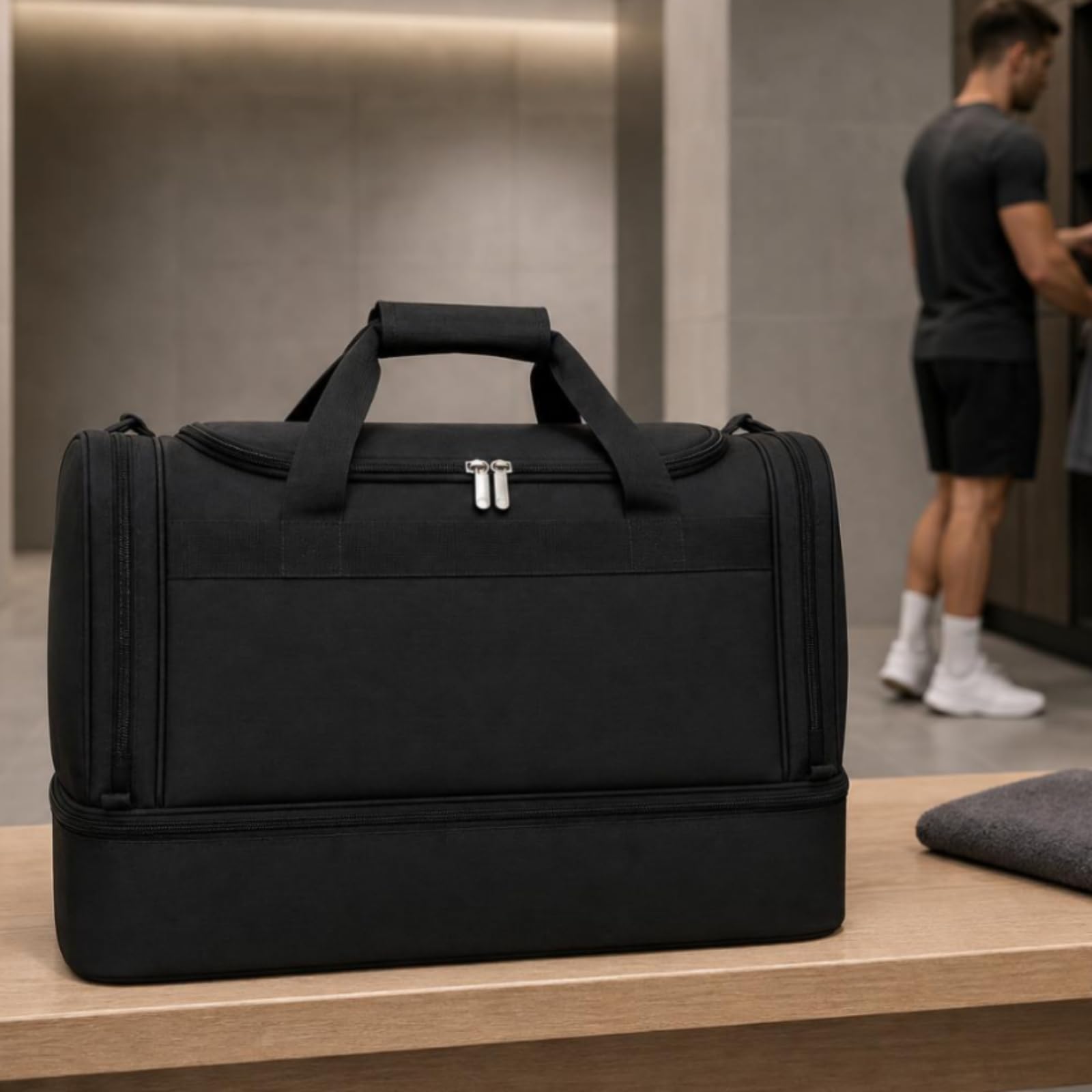 Borsone Viaggio Rettangolare Separazione Asciutto-Bagnato Borsone con Scomparto Separato Tessuto Oxford Borsa a Doppia Cerniera, Array, Blu Scuro, L
