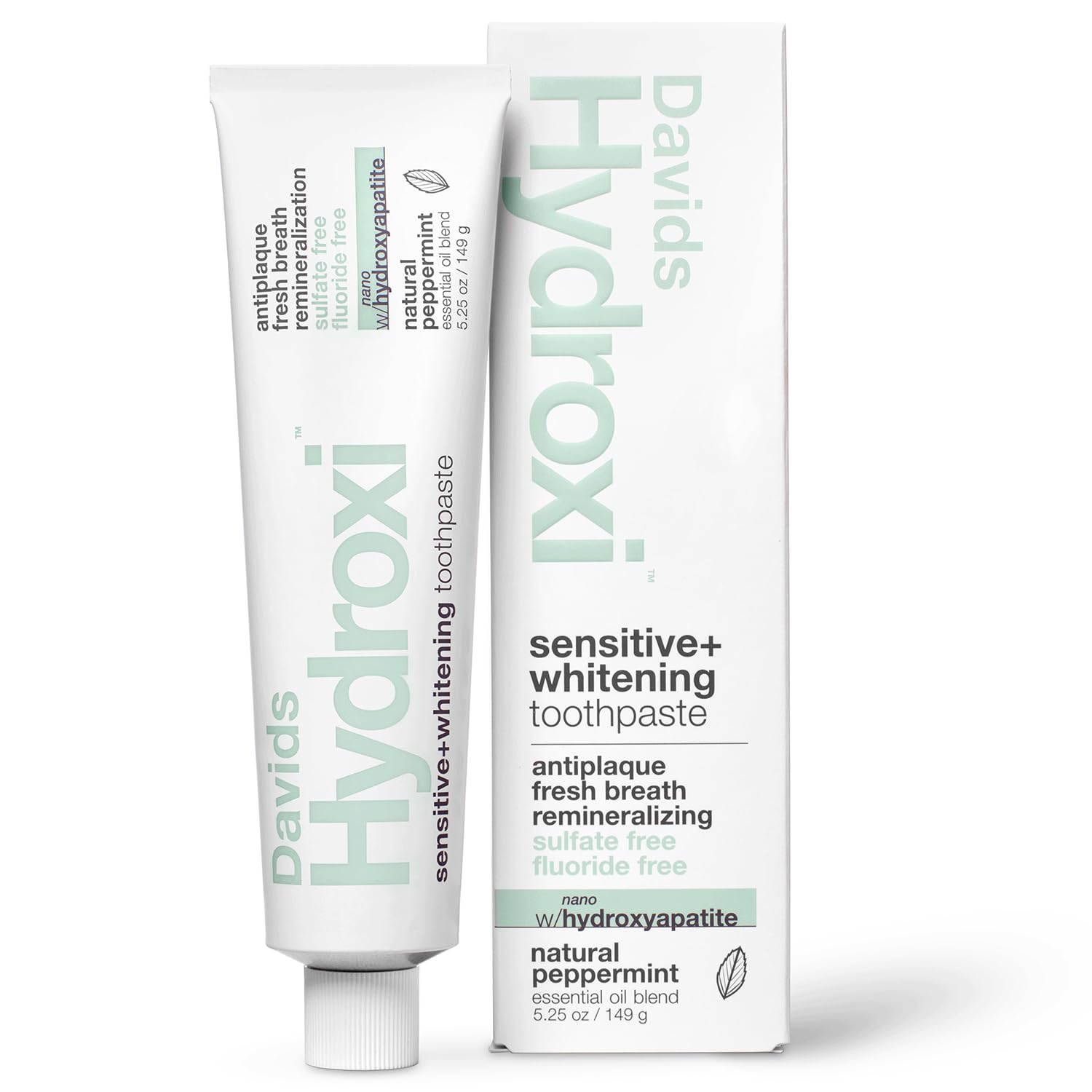 Davids Hydroxi Fluoride Free Nano Hydroxyapatite Toothpaste for Remineralizing Enamel & Sensitive Relief, Whitening, Antiplaque, SLS Free, Natural Peppermint, 5.25oz, Made in USAEWG Verified