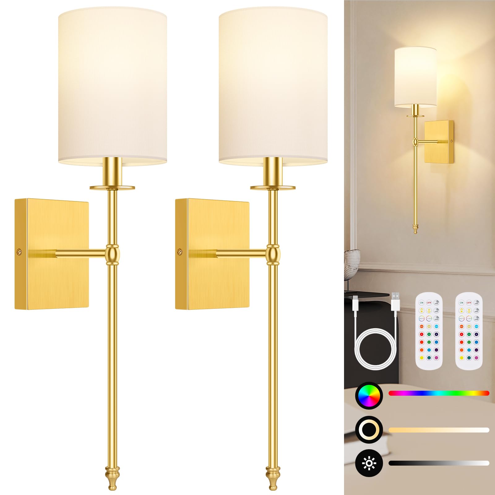 24.8 Inch Wall Sconces Battery Operated Set of 2, Rechargeable Wireless Wall Sconces Lights with Remote, Not Hardwired Dimmable Gold Wall Lamps with White Fabric Shade for Bedroom, 2 Bulbs Included