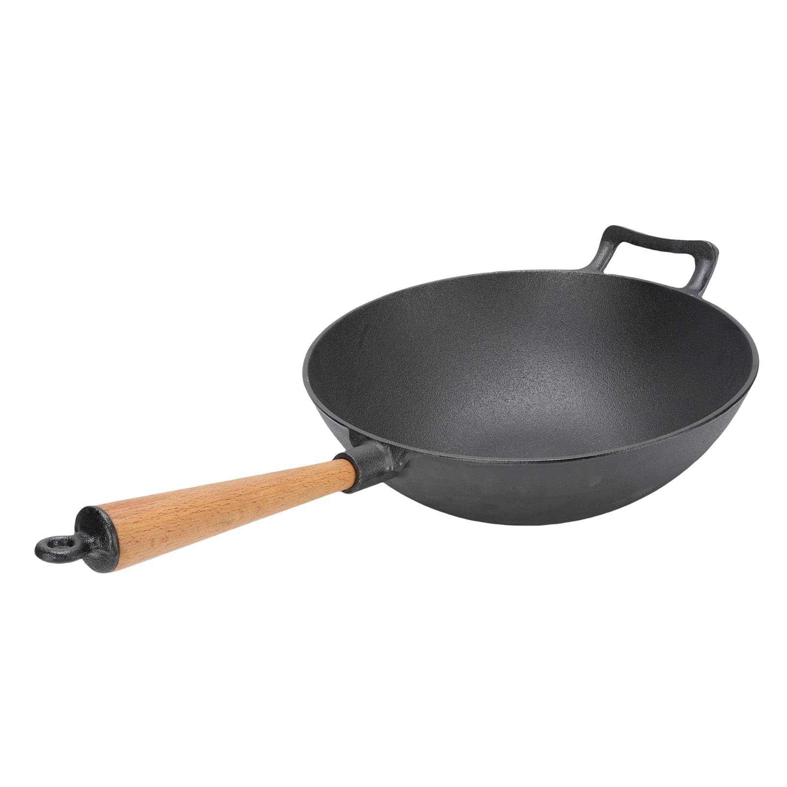Żeliwna Patelnia Wok Trwała Patelnia do Smażenia z Drewnianym Uchwytem do Kuchenki Gazowej i Grilla na świeżym Powietrzu