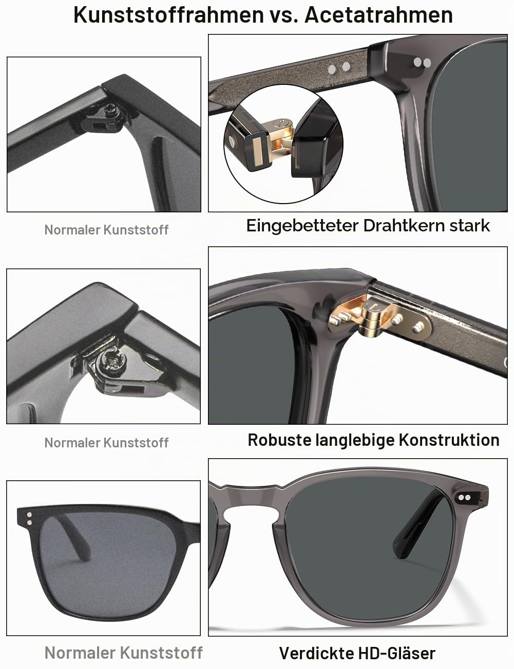 CARFIA Vintage Polarisierte Sonnenbrille Herren Rechteckigen Acetatrahmen | UV-Schutz Fahrerbrillen，Anti-Blendung，Grau grün Linsen Für Autofahren, Angeln, Wandern