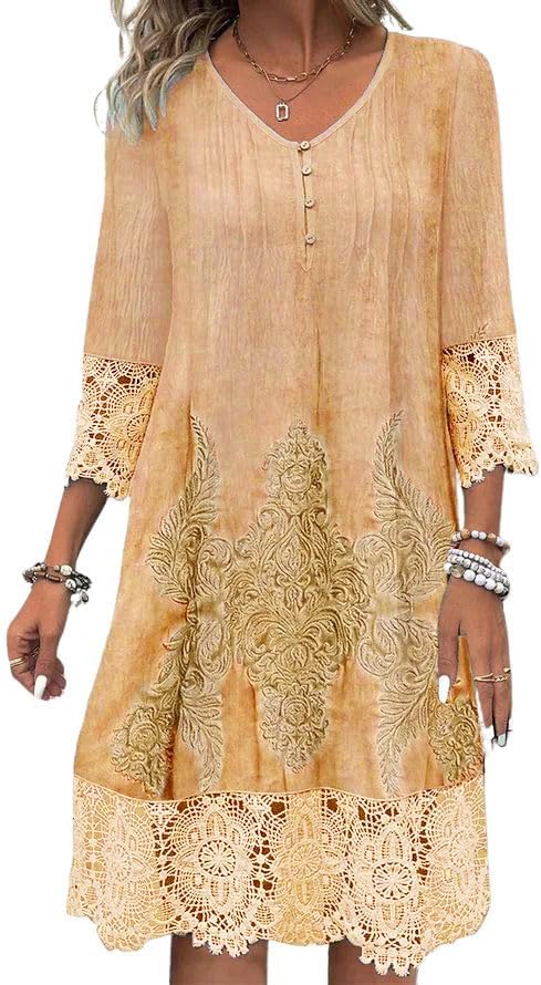 utcoco Womens V-Neck 3/4 Sleeve Summer Dress 2025 Fashion Flower Print Lace Hollow Out Mini Dress