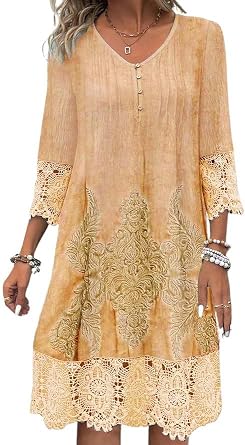 utcoco Womens V-Neck 3/4 Sleeve Summer Dress 2025 Fashion Flower Print Lace Hollow Out Mini Dress