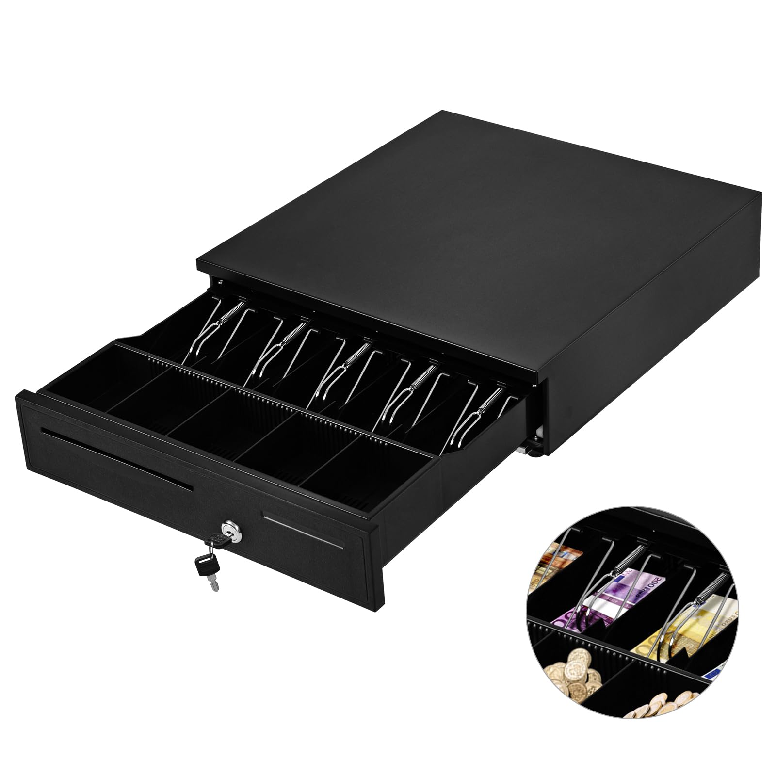SOARS Kassenschublade elektrisch, Kassenlad mit 5 Münz & 5 Scheinfächern | Geldlade mit elektrischer & manueller Öffnung, Geldbox Geldkassette, 40,5 x 42 x 10 cm, Schwarz