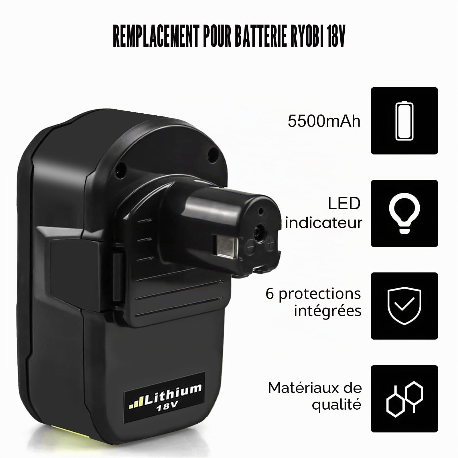 Catastro 2 pièce 5500mAh Remplacement pour Ryobi Batterie 18V RB18L50 Compatible pour Ryobi 18V Batterie P108 P107 P122 P104 P105 P102 P103 RB18L40 RB18L25 avec Indicateur LED