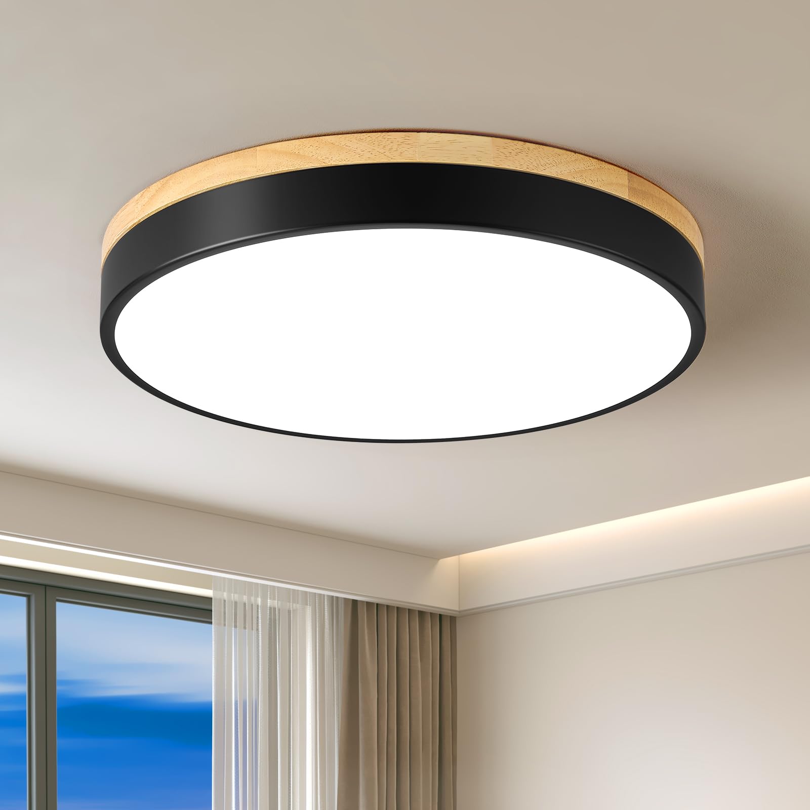 YURNYQ Dimmable Wood LED Ceiling Light Fixture, Black Round Low Profile Flush Mount Ceiling Lighting, Modern 5CCT 2700K-6000K Ceiling Lamp for Living Room Hallway Kitchen Bedroom, 15.8in