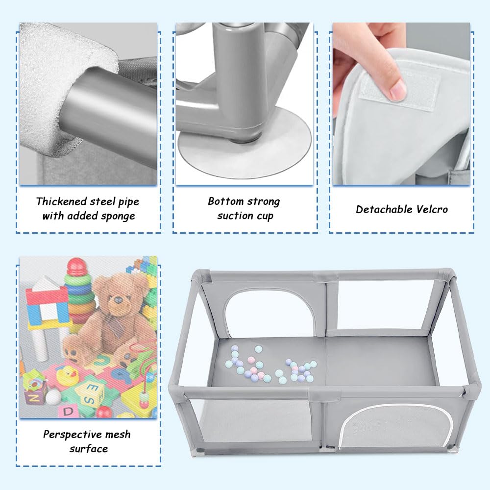 Parc Bébé avec Tapis et Porte Zippée Parc Bebe Modulable Grand Parc Enfant Pliable Parc de Jeux Bébé pour la Maison (Gris clair-L180 x l120 x H66 cm, avec Boules)