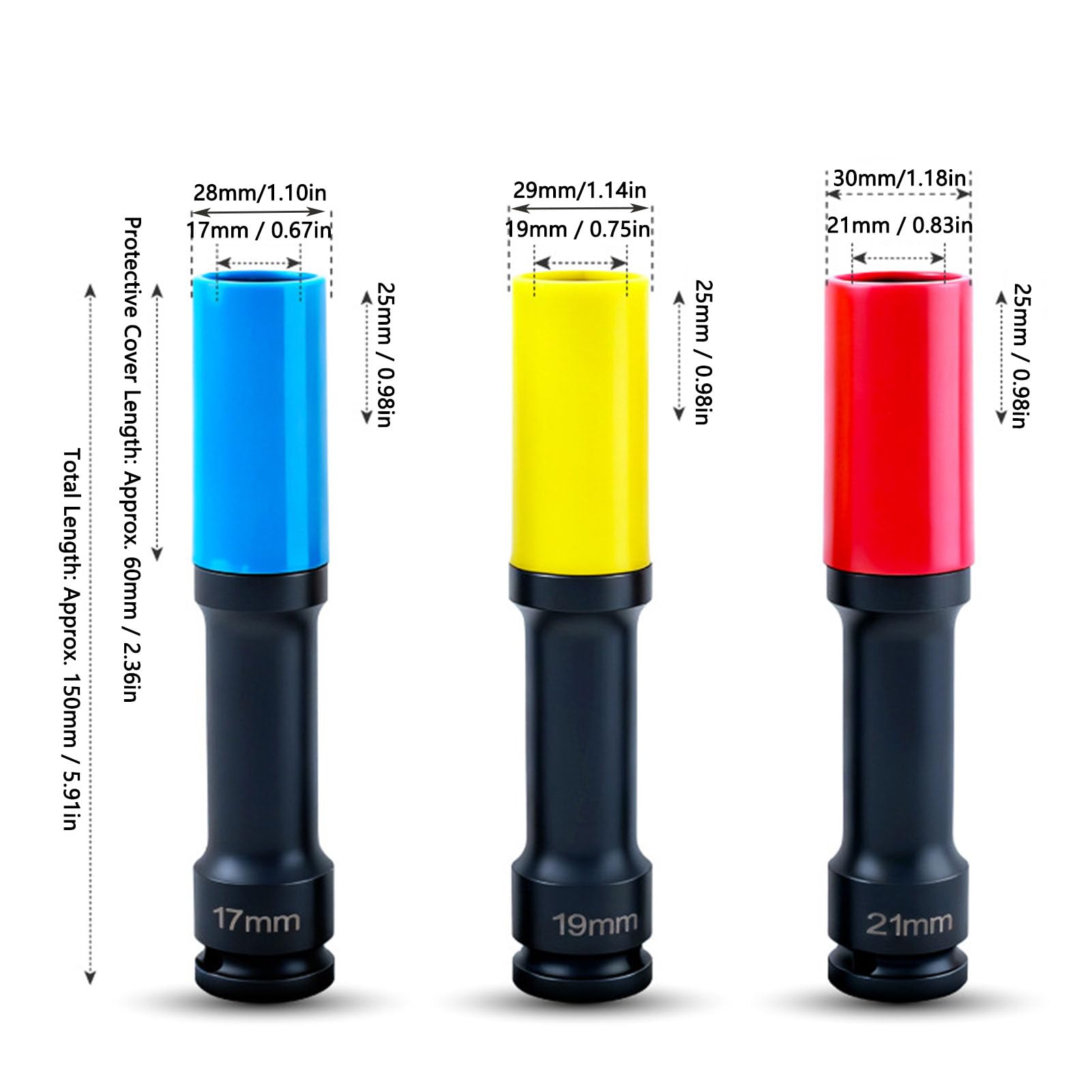Set di 3 bussole per dadi con aletta a parete sottile, bussola a impatto anti-rottura da 1/2 pollice, bussola profonda extra lunga per protezione ruota, 17 mm 19 mm 21 mm