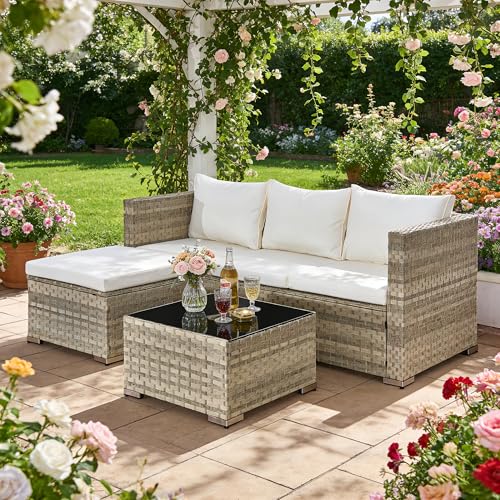 Aweather 3 Pcs Rattan Garden Furniture Set - 4 Seater Outdoor Corner Sofa, All-Weather Handwoven PE, Small Patio Conversation Set with Washable Cushions & Coffee Table, Outdoor Patio Furniture - Image 5