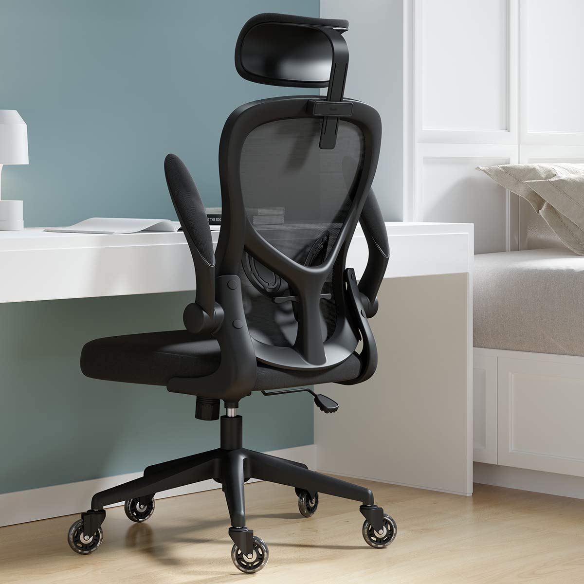 Hbada Office Chair, Home Ergonomic Desk Chair with Flip-up Arms Lumbar Support and Headrest, Black
