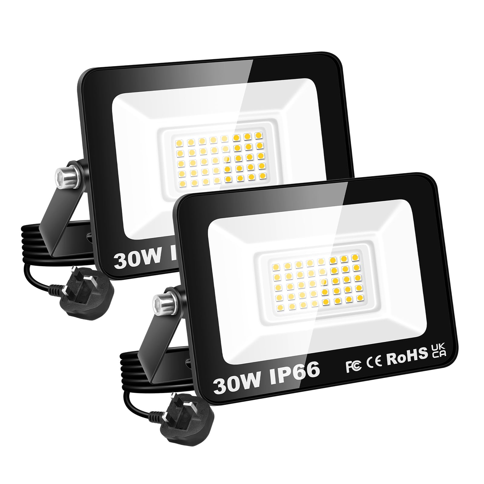 RIGIDON Led Outdoor Floodlight, 2X 30W 3000LM Flood Lights with Plug, Mains Powered Security Lighting