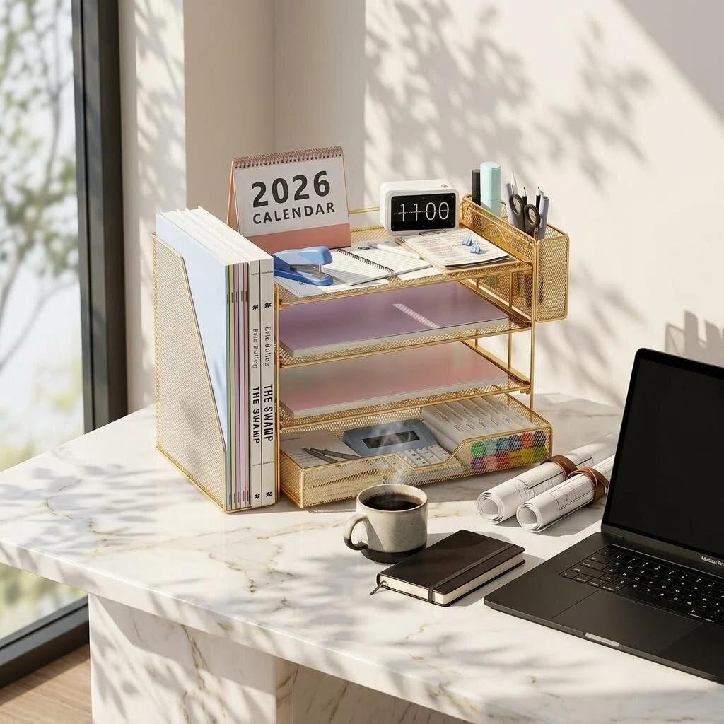 OPNICE Schreibtisch-Organizer und Zubehör, 4-stöckiges Büro-Schreibtischzubehör und Arbeitsplatz-Organizer mit Schublade und Stifthalter, Schreibtisch-Papierablage, Akten-Organizer für Heimbürobedarf