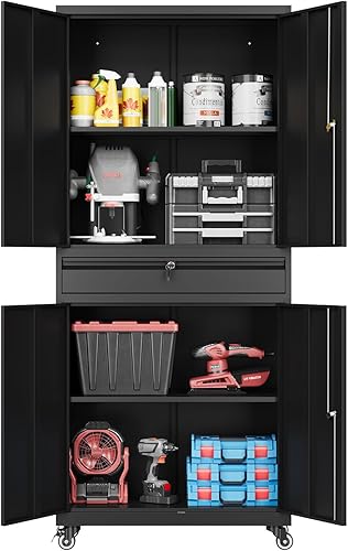 Fesbos Gabinete de metal de 73 pulgadas, color negro, resistente con ruedas, estantes, puertas y cajones con cerradura, para garaje, despensa,