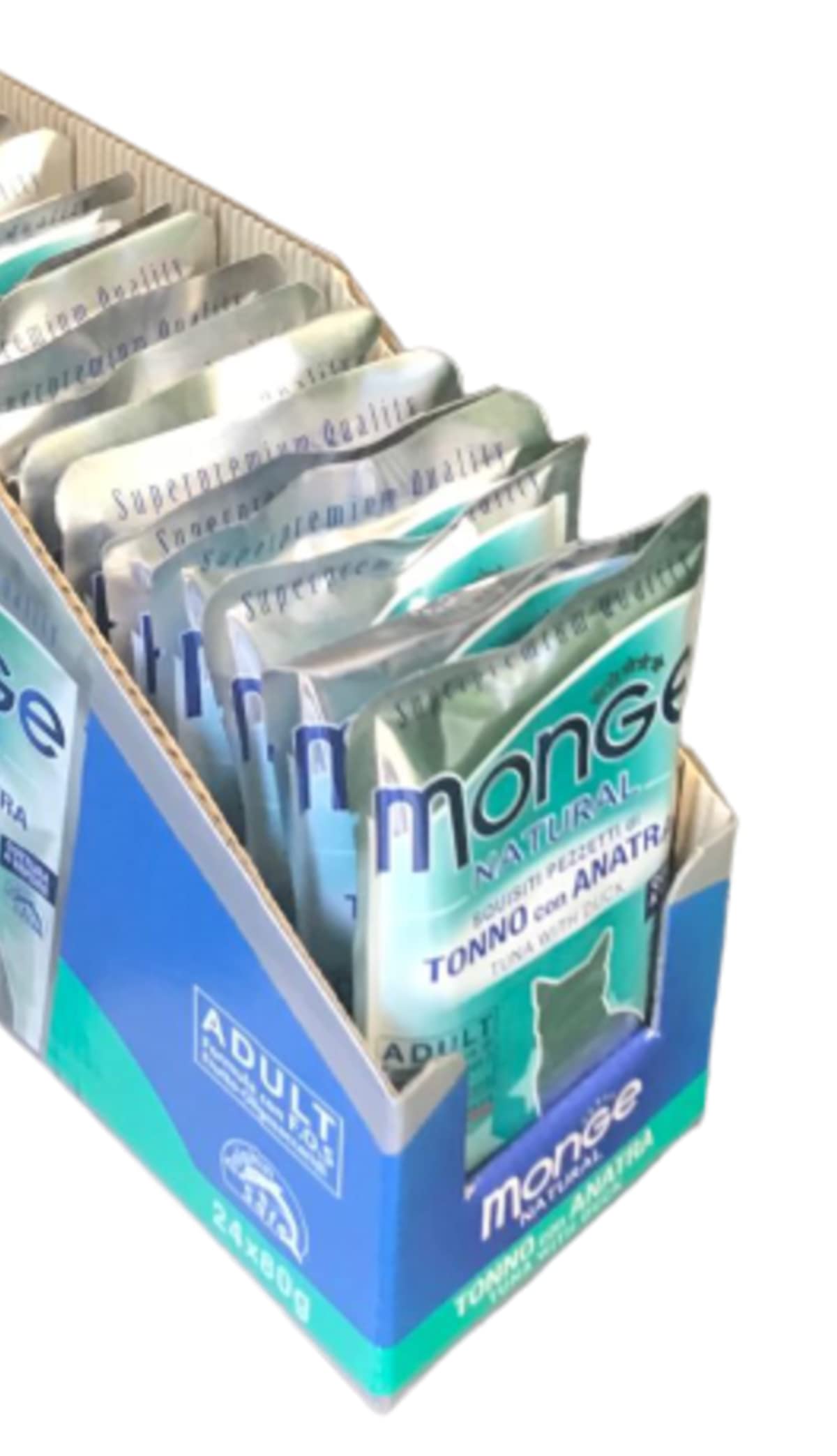 Monge Natural Supremium quality Mokre jedzenie dla dorosłych kotów smak tuńczyka z kaczką gotowaną na parze. Opakowanie 24 saszetek (1 saszetka = 80 gr.) Bez barwników i konserwantów