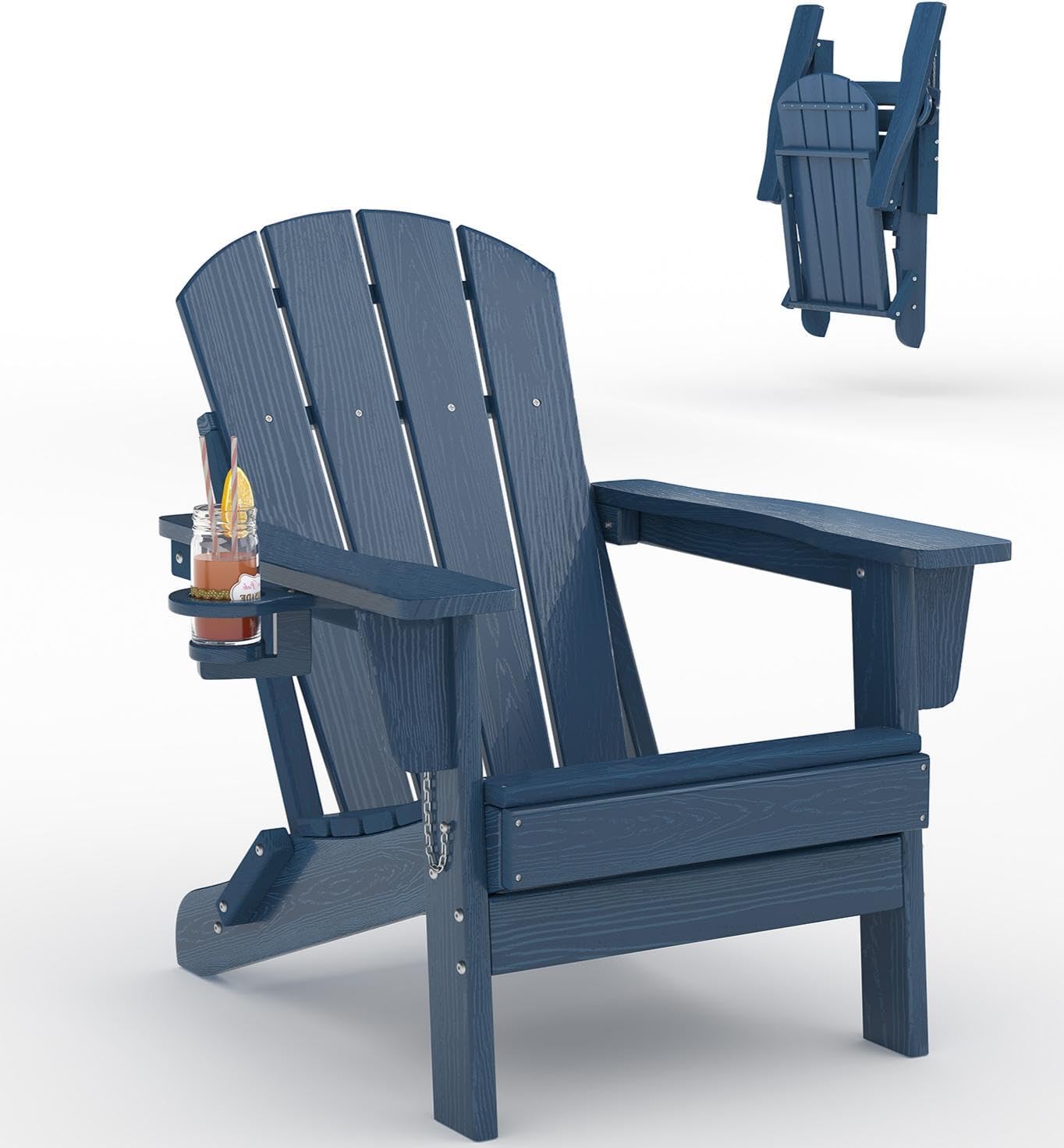 Garvee Chaise Adirondack Pliante HDPE Effet Bois – Résistante Pluie et Toutes Saisons – Porte-gobelet – Idéale terrasse, Jardin, Piscine, Coin feu – Bleu Marine embossé – Embossed Wood Grain
