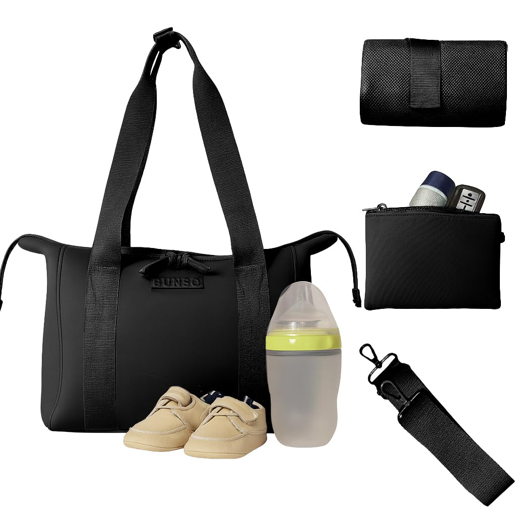 BUNSO Baby Small Diaper Bag Tote - Lightweight 12x7x8 in Neoprene Diaper Bag with Changing Pad and Pouch, Water-Resistant