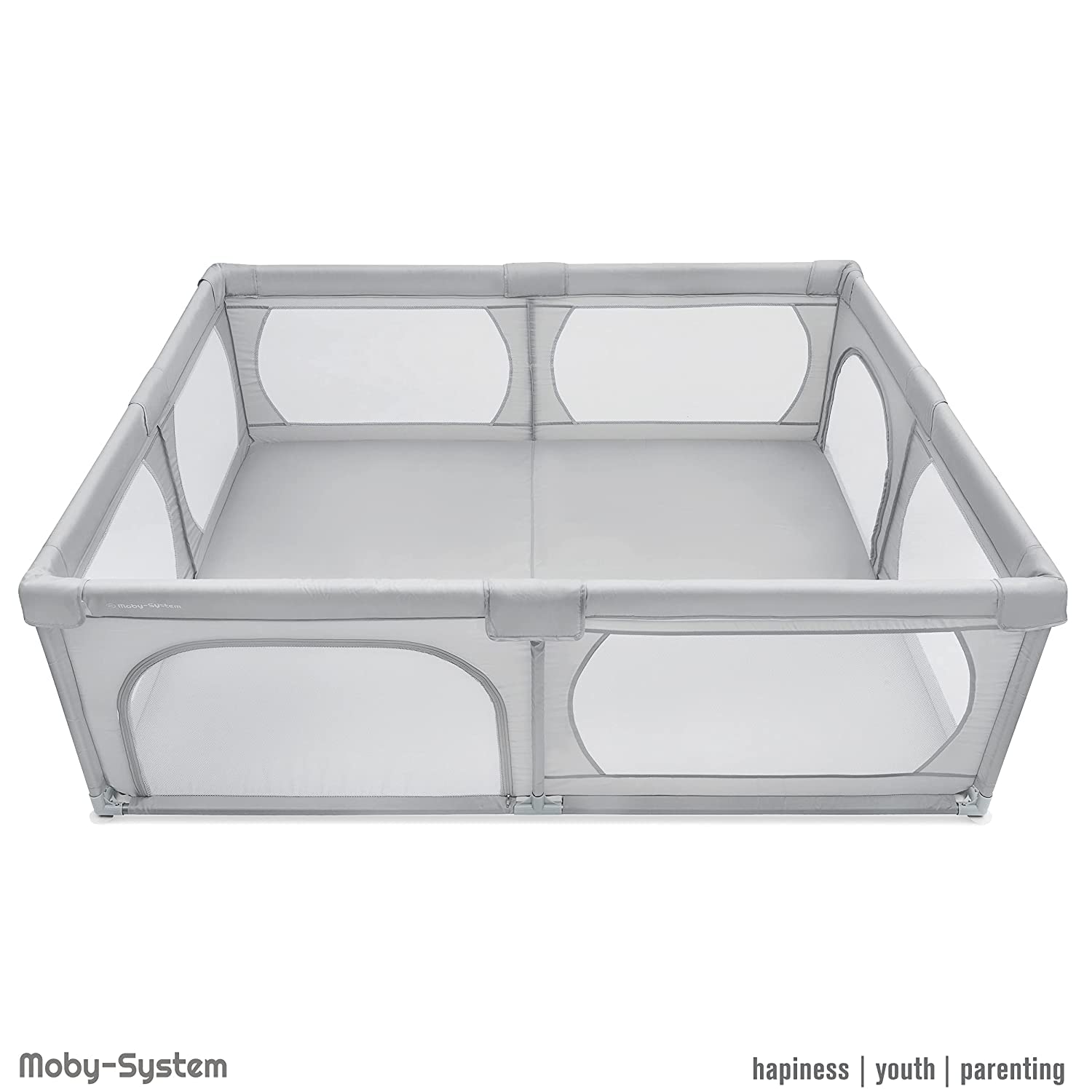 Moby-System Parque Infantil Bebé Plegable - Centro de Actividades con Base Antideslizante 200x140cm - Corralito Impermeable con Ventanas y Cremallera, Incluye Bolsa de Transporte - Gris