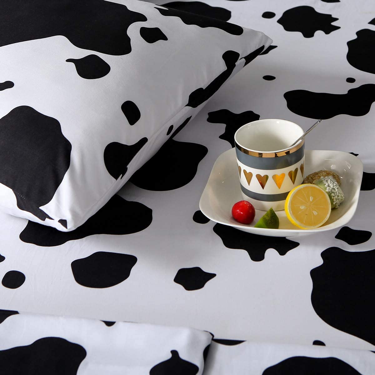 Set di lenzuola per letto singolo, 3 pezzi, nero, bianco, latte, mucca, animali + lenzuolo con angoli con tasca profonda + lenzuolo con angoli + 1 federa per cuscino a quadri per bambini e ragazze