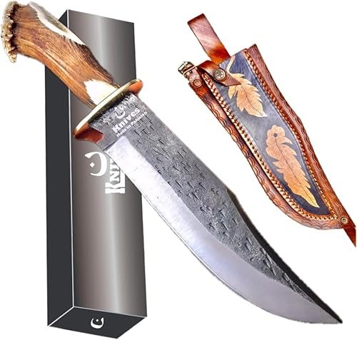 Miniatura 2 de Hoja forjada a mano de acero al carbono de 15.5 pulgadas, mango de cuchillo Bowie coleccionable, clip de latón con cuerno de ciervo (02 ciervo