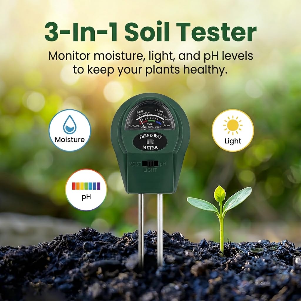 Medidor de pH del Suelo 3 en 1, Higrómetro de Suelo Medidor de Humedad del Suelo con pH Tester de Tierra sin Batería para Plantas Grandes de Interior y Exterior Flores Césped Jardinería