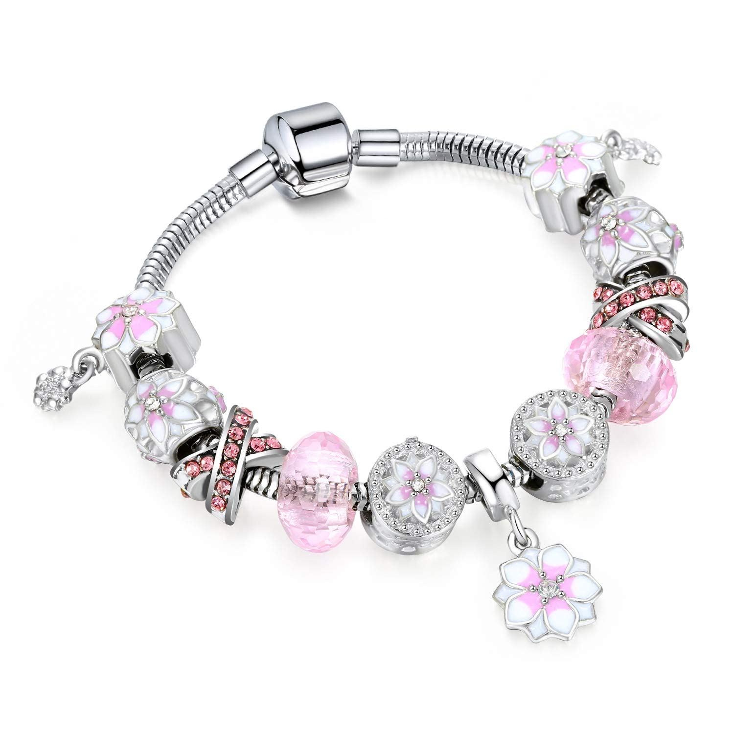 Europe Style Magnolia Blooming Crystal Beads 925 Silver Plated Charm Bracelet - Pink Floral Series 02