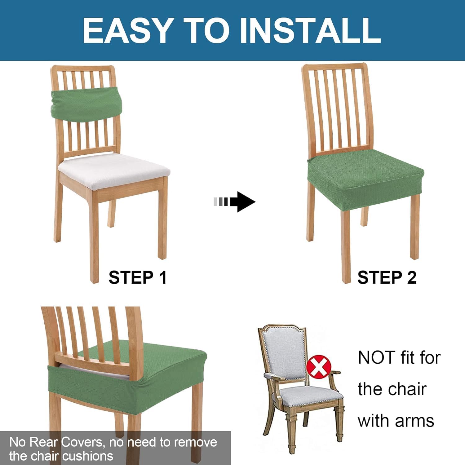 Smiry Waterproof Seat Covers for Dining Room Chairs Set of 4, Stretch Jacquard Removable Washable Chair Seat Slipcovers Protector, No Rear Covers, Green