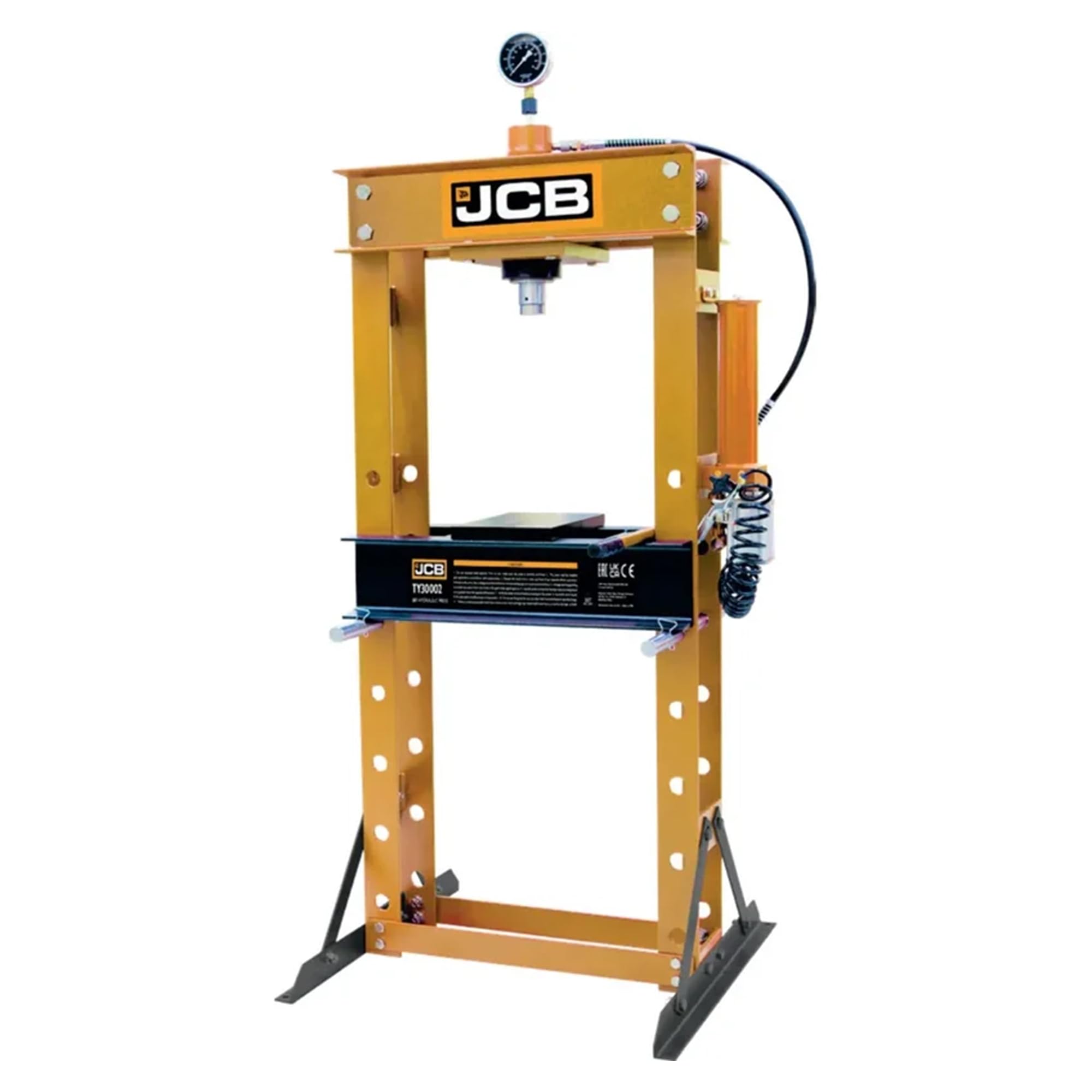 JCB Prensa neumática e hidráulica de 30 toneladas, prensa de taller de acero resistente con doble marco en H con bomba asistida por aire, manómetro y cama ajustable