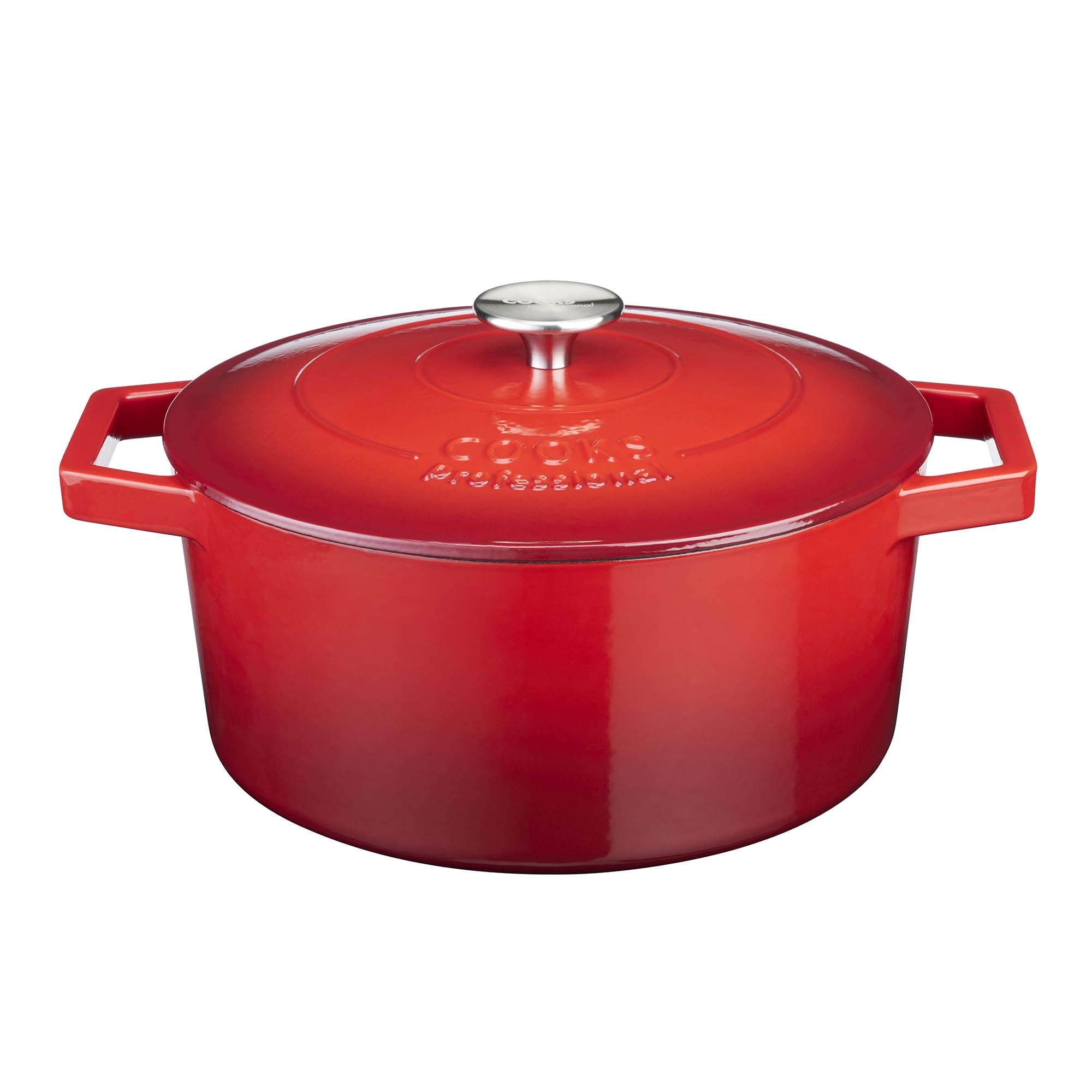 Cooks Professional 26cm Cast Iron Casserole Dish 5.8L with Lid & Handles | Colourful Modern Design Enamelled Cooking Pan Pot | Suitable For All Hobs Inc Induction | Oven & Grill Safe | Red