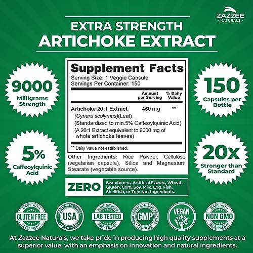 image for Zazzee Extra Strength Artichoke 20:1 Extract, 9000 mg Strength, 5% Caf