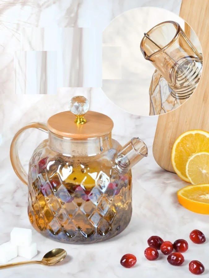 Black Foru Golden Wooden Crystal LID Glass Tea Pot Kettle Gold Colour with No Heat Resistant, Perfect for Tea and Coffee Maker Wooden Lid Loose Leaf Teapot with Strainer 3