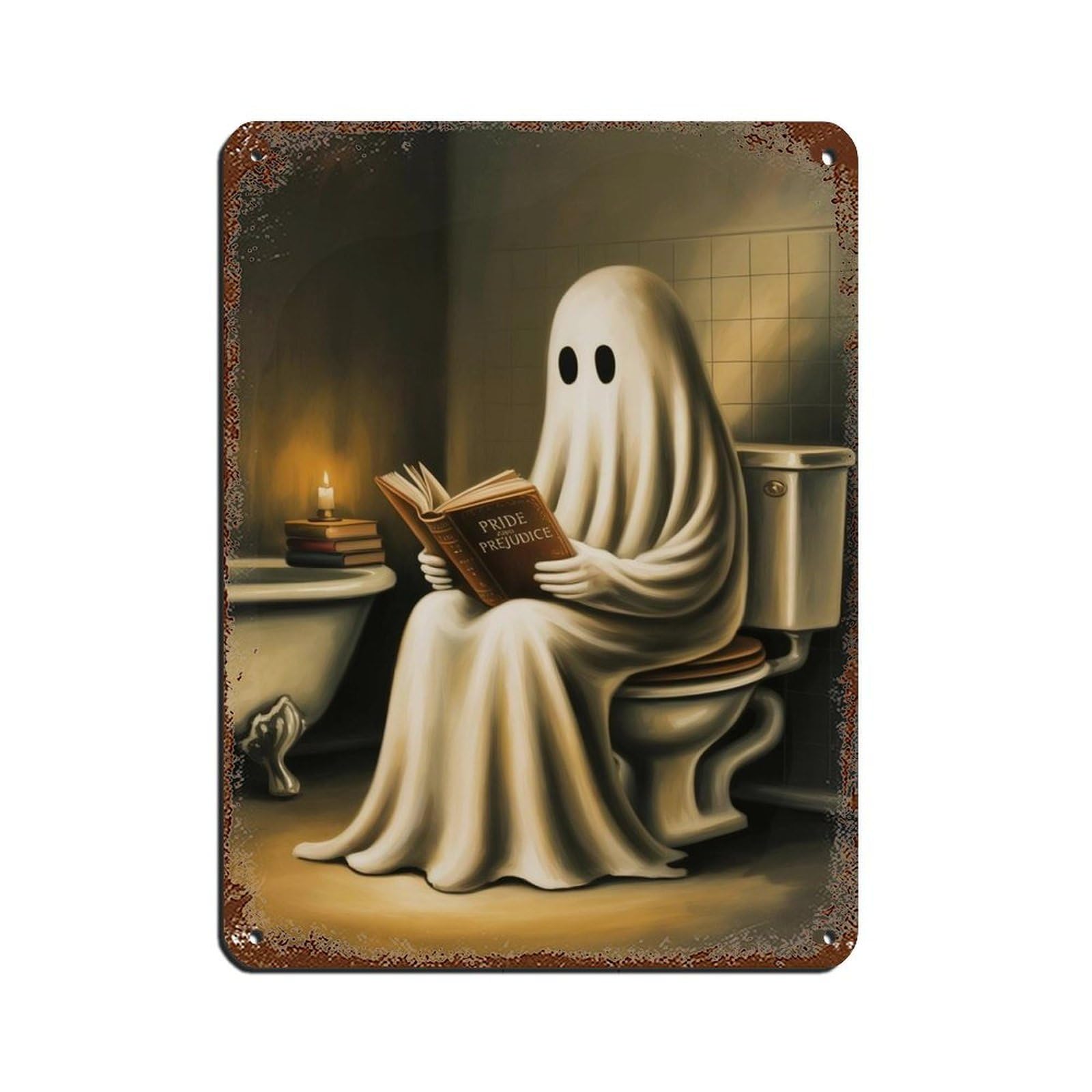 Ghost Reading Book on Toilet Poster Tin Sign Vintage Metal Pub Club Cafe Bar Home Wall Art Decoration Poster Retro 12x16inch(30x40cm)