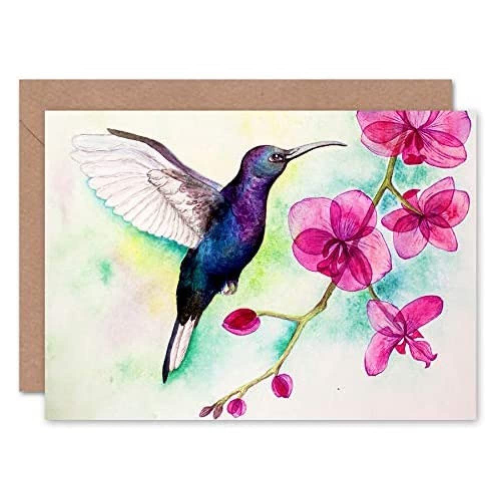 Wee Blue Coo Hummingbird And Orchid Greeting Card With Envelope Inside Premium Quality