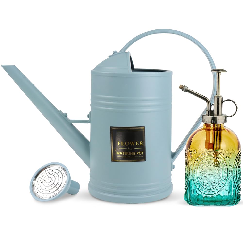 Photo 1 of 0.5 Gallon Small Watering Can for Outdoor Indoor Plants for House Plants, 12 oz Glass Plant Mister Spray Bottle for Bonsai Garden Flowers (Blue)