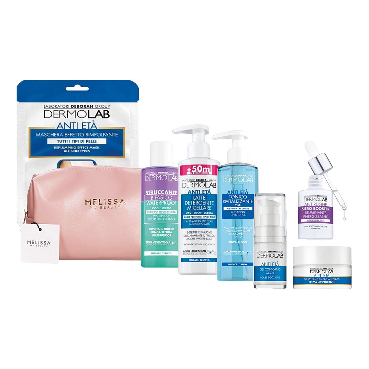 DERMOLAB Kit Anti Età : Maschera - Struccante bifasico - Latte detergente - Tonico - Gel contorno occhi - Crema rimpolpante - Siero booster + Pochette