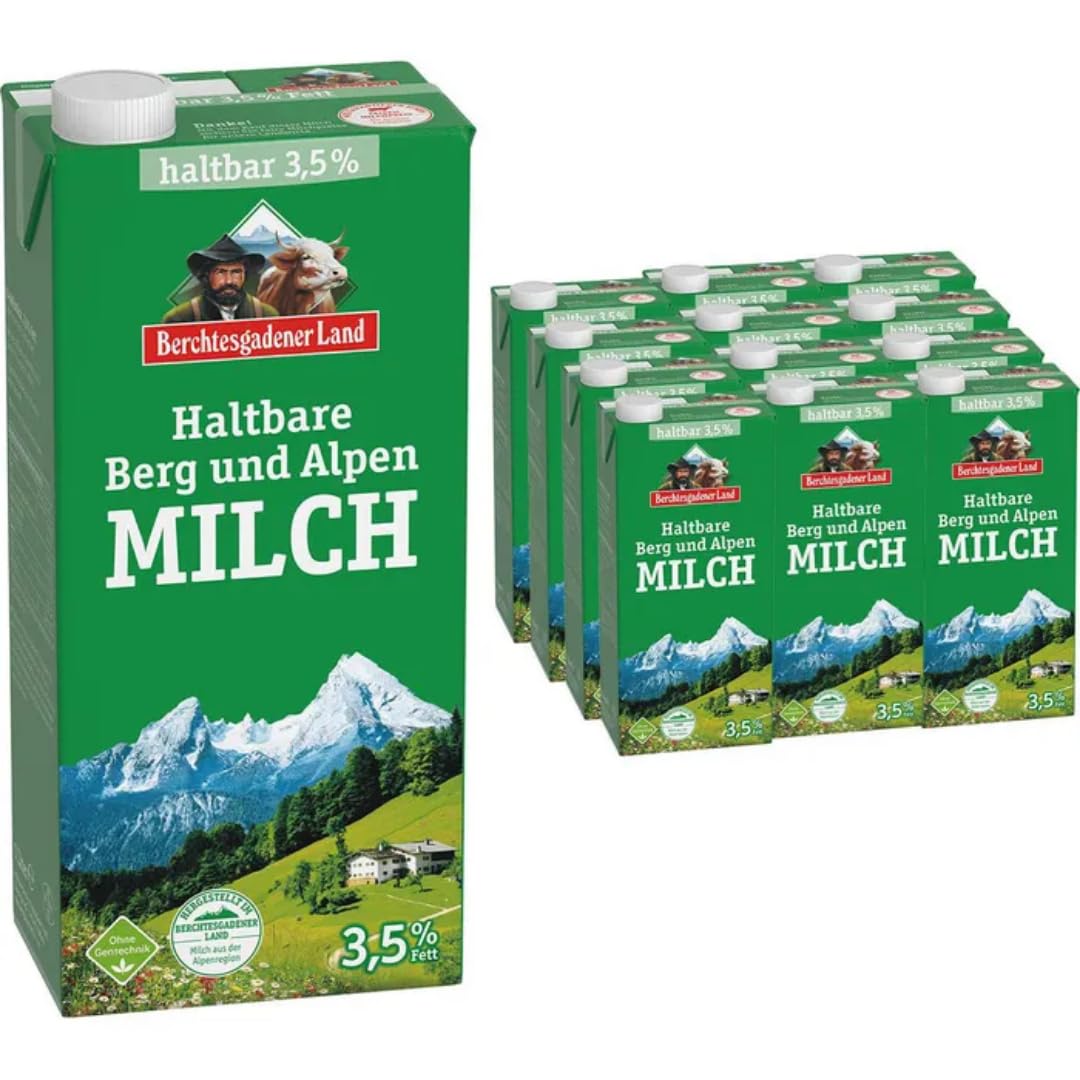 Milch Berchtesgadener Alpenmilch Land H-Milch 3,5% Fett Haltbare Milch Bergbauern-Milch, je 1 Liter, 12 Stück+ pufai