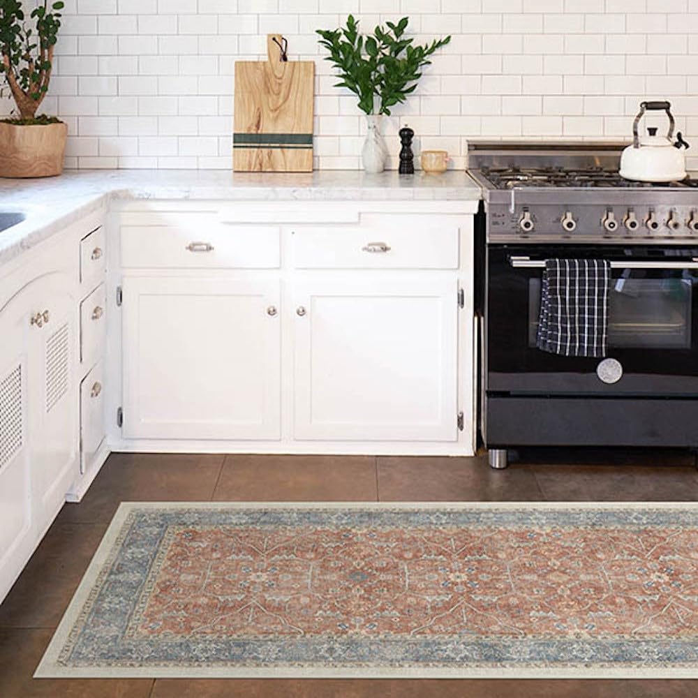 RUGGABLE Celestine Runner Rug - Perfect Vintage Washable Runner Rug for Entryway Hallway Kitchen -Pet & Child Friendly -Stain & Water Resistant -Non Slip Rug Runner- Coral 2.5'x7' (Standard Pad)