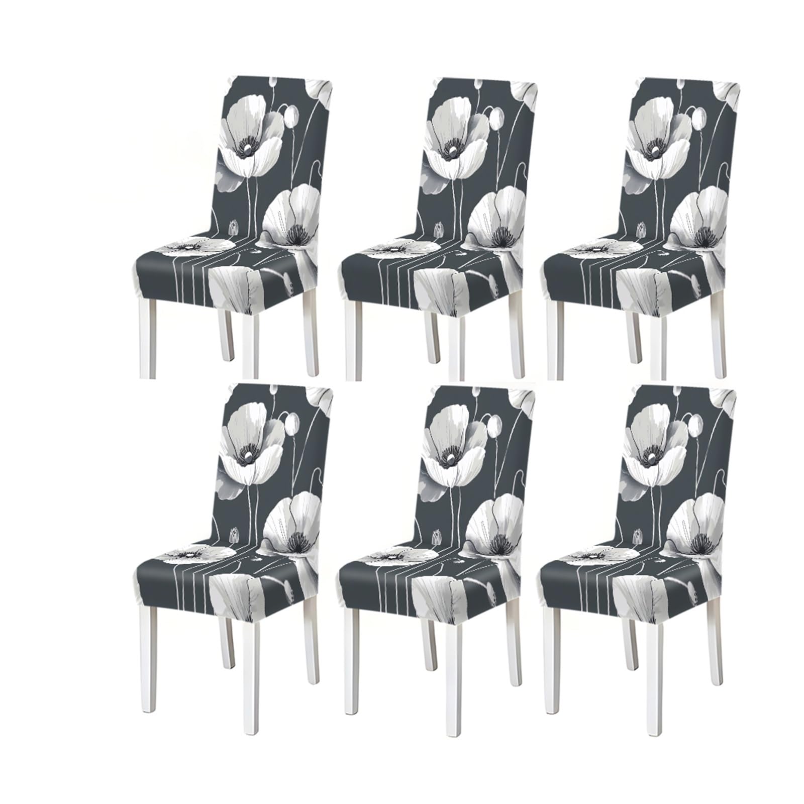 BOSUYBN Gray White Poppy Leaf Print Dining Chair Covers Set Of 2/4/6, Premium Stretch Slipcovers For Kitchen Dining Room Furniture Protectors for Home Dining Room(6PCSChair cover)