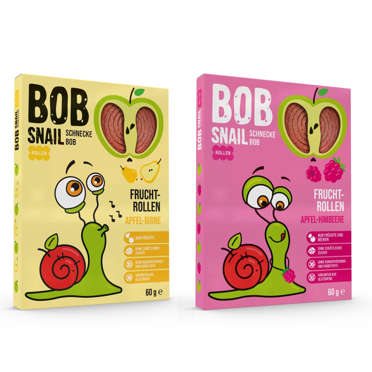 BoB Snail Fruchtrollen aus 100 % Trockenobst – Apfel-Birne & Apfel-Himbeere (je 10 Stück, 20×60 g) – vegan, ballaststoffreich, kalorienarm & ohne Zuckerzusatz – natürlicher Fruchtsnack ohne Zusatzstof