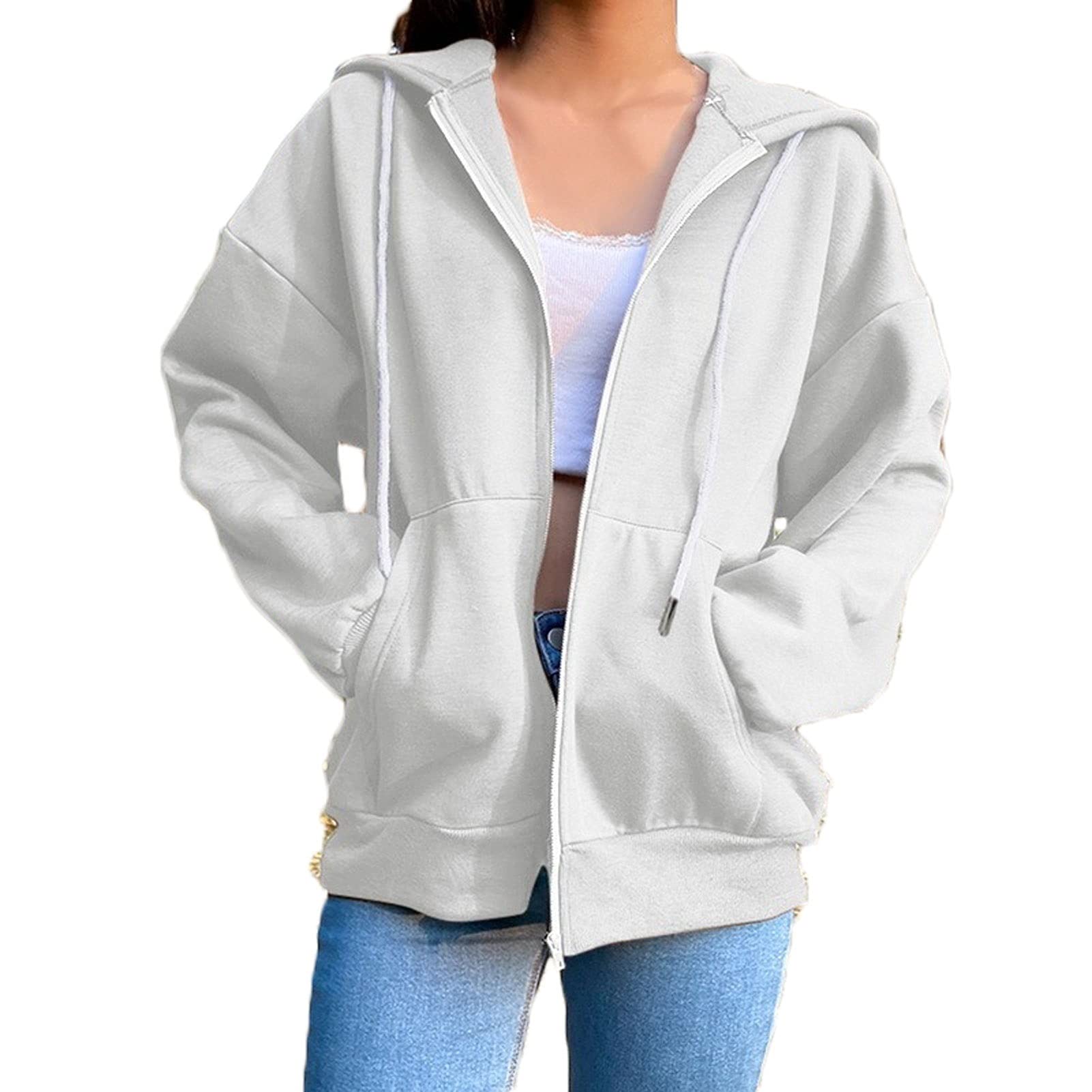 YokbeerWomen Zip Hoodies Oversize Pullover Girl Autumn Long Sleeve Sports Jacket Warm Sweatshirt with Pockets (Color : Gray, Size : Large)