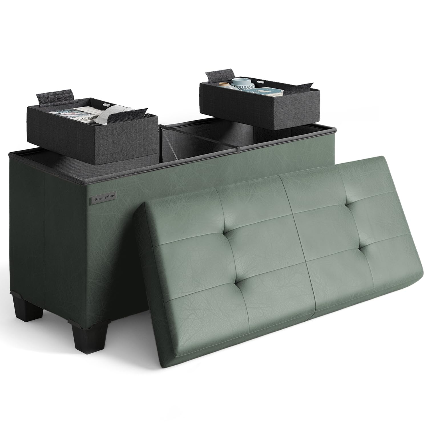 Storage Ottoman Bench with Bins, 30-in Storage Bench for Bedroom End of Bed, Folding Foot Rest Ottoman for Living Room Max 660lbs, Faux Leather