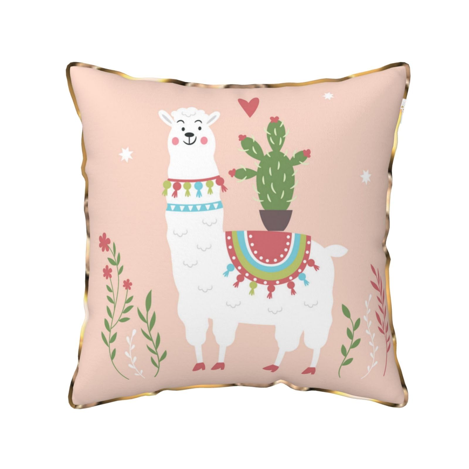 AUBKFELD Cute Hand Drawn Llama Printed Velvet Cushion Cover 40x40 CM with Gold Edging Strip, Square Pillowcase Soft Throw Pillow Covers Case Decorative for Living Room Sofa Couch Bed Bench