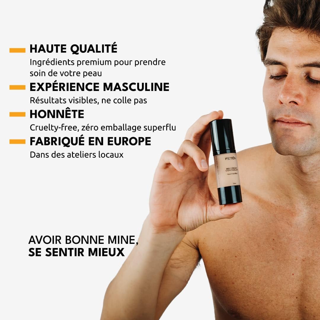 FETEN BB Cream pour le Visage, Correcteur Anti Cernes, Crème Hydratante Teintee avec Protection Solaire, BB Cream Embellisseur Anti Imperfections pour Homme, Crème Anti Age Matifiante