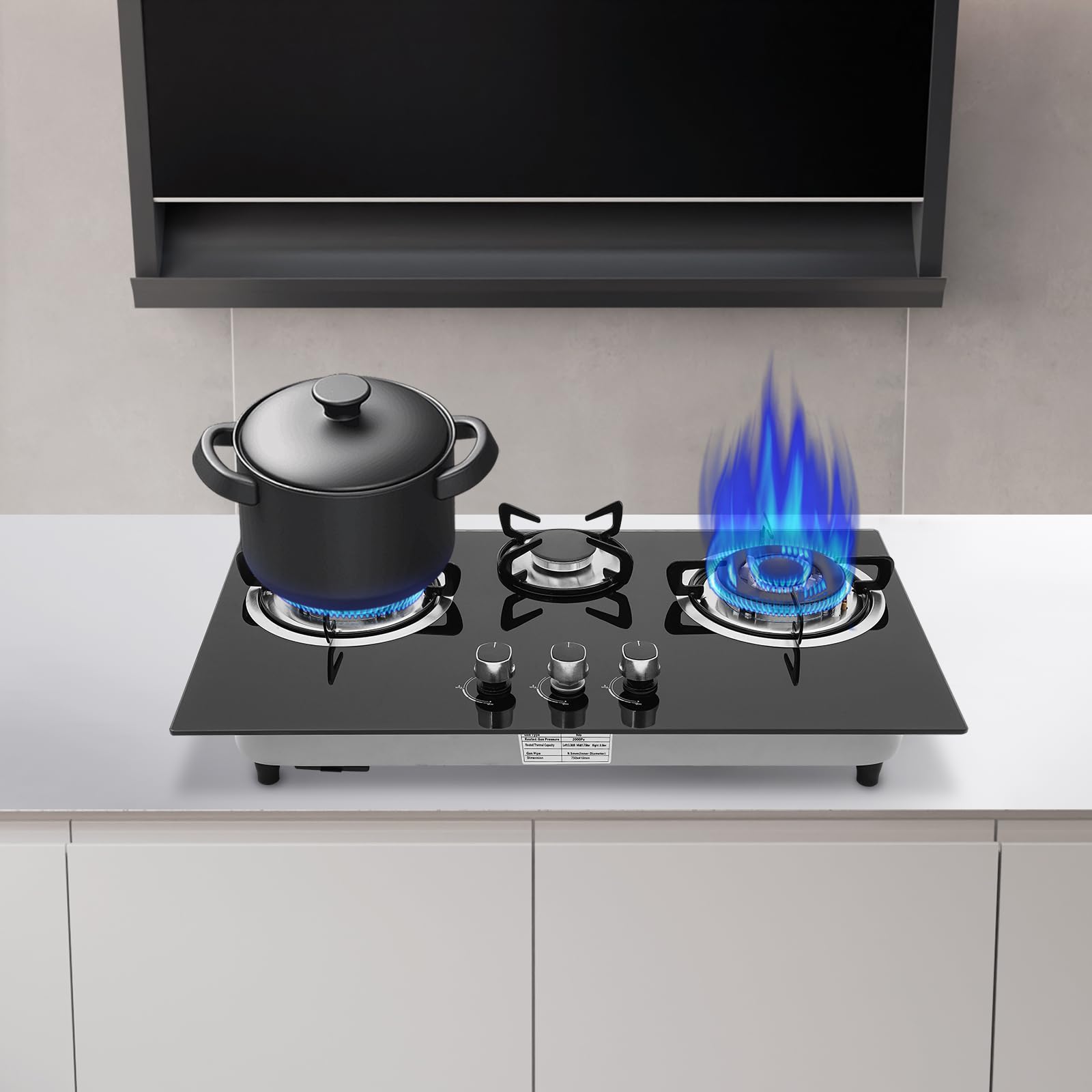 Fornello a gas in vetro da incasso, piano cottura a gas a 3 fuochi Gas Stove, fornello a gas per piani cottura LPG/NG, incluso supporto per pentole, telaio smaltato e testa del forno in alluminio