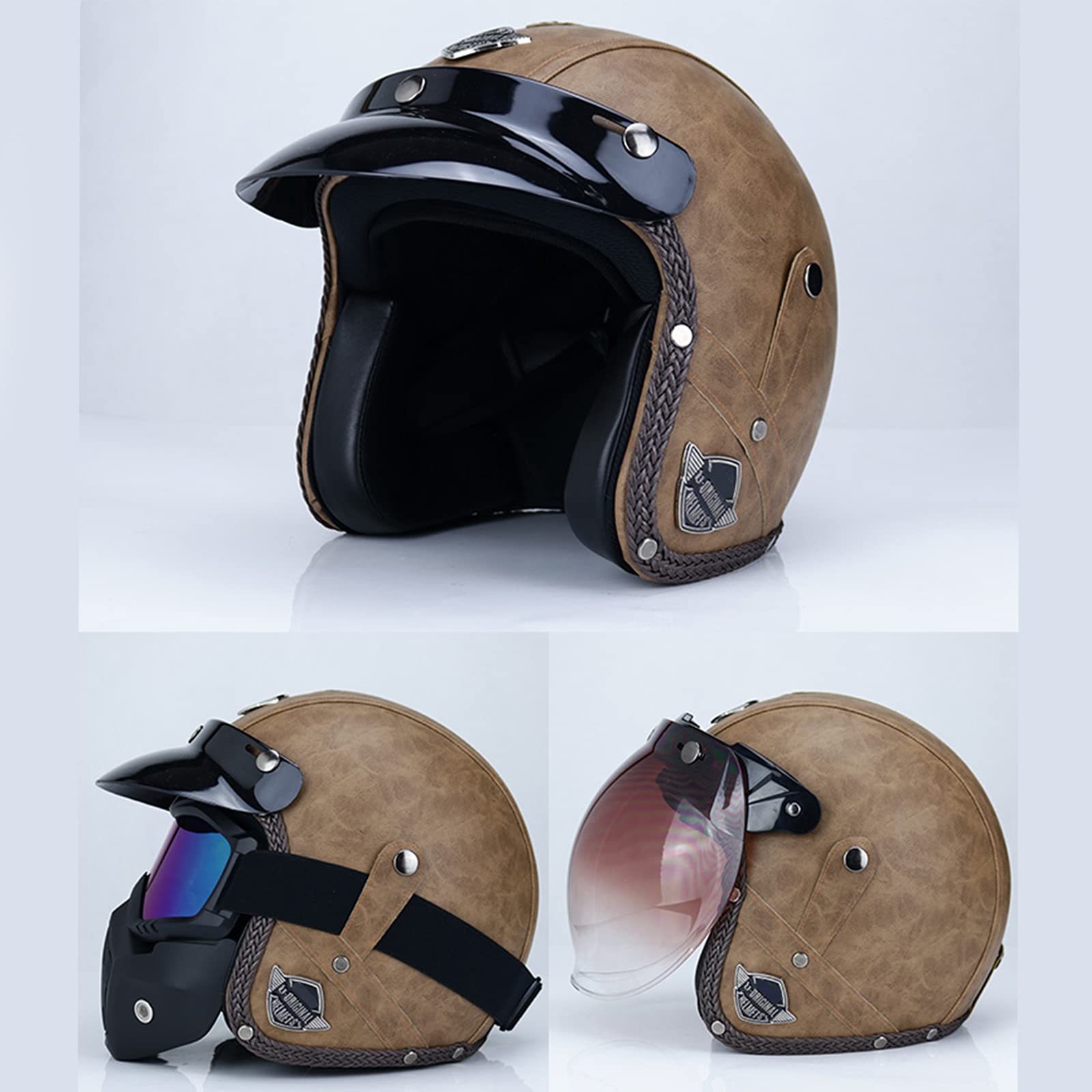 Vintage Style Open Face Helmet, 3/4 Adult Retro Motorcycle Half Helmet With Sun