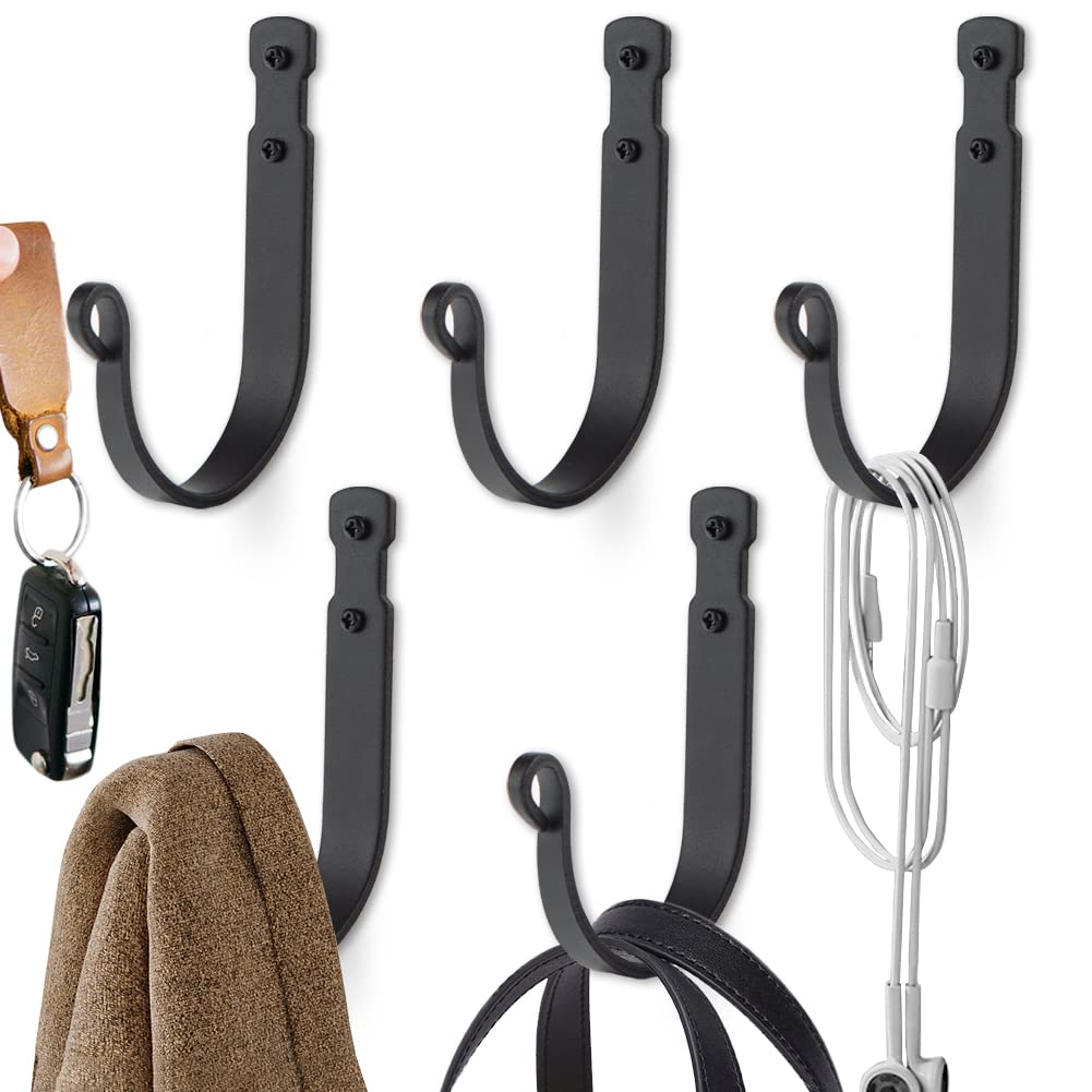 AKBFOX Black Wrought Iron Wall Mounted Hooks Heavy Duty Vintage Decorative Hanger for Home Garage Bathroom Kitchen Door Office Hanging Coat, Keys, Towel, Tools, Bags, Hat, 5 Packs