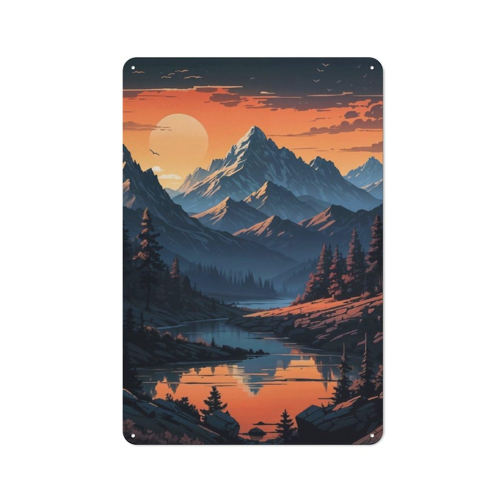 Junmoney Sunset In The Mountains Retro Metal Wall Sign 30X20cm With For Garage Wall, A Decorative Metal Sign For Garages And Workshops