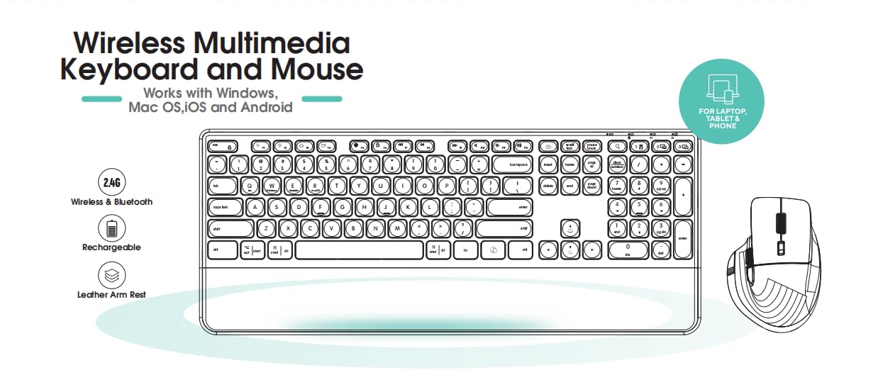 CITLLA M9100 Teclado y Ratón Inalámbrico Combo -Retroiluminado Recargable Ergonómico, Soporte Ajustable y Reposamuñecas, 4 Niveles dpi Hyper-Fast Scrolling Ratón Silencioso para Ordenador PC Portátil