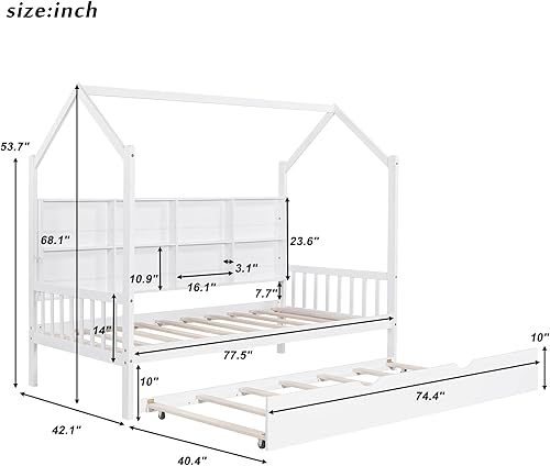 Miniatura 2 de SIYSNKSI Cama de casa de tamaño individual con nido marco de cama de madera en forma de casa con estante de almacenamiento cama de casa de juegos