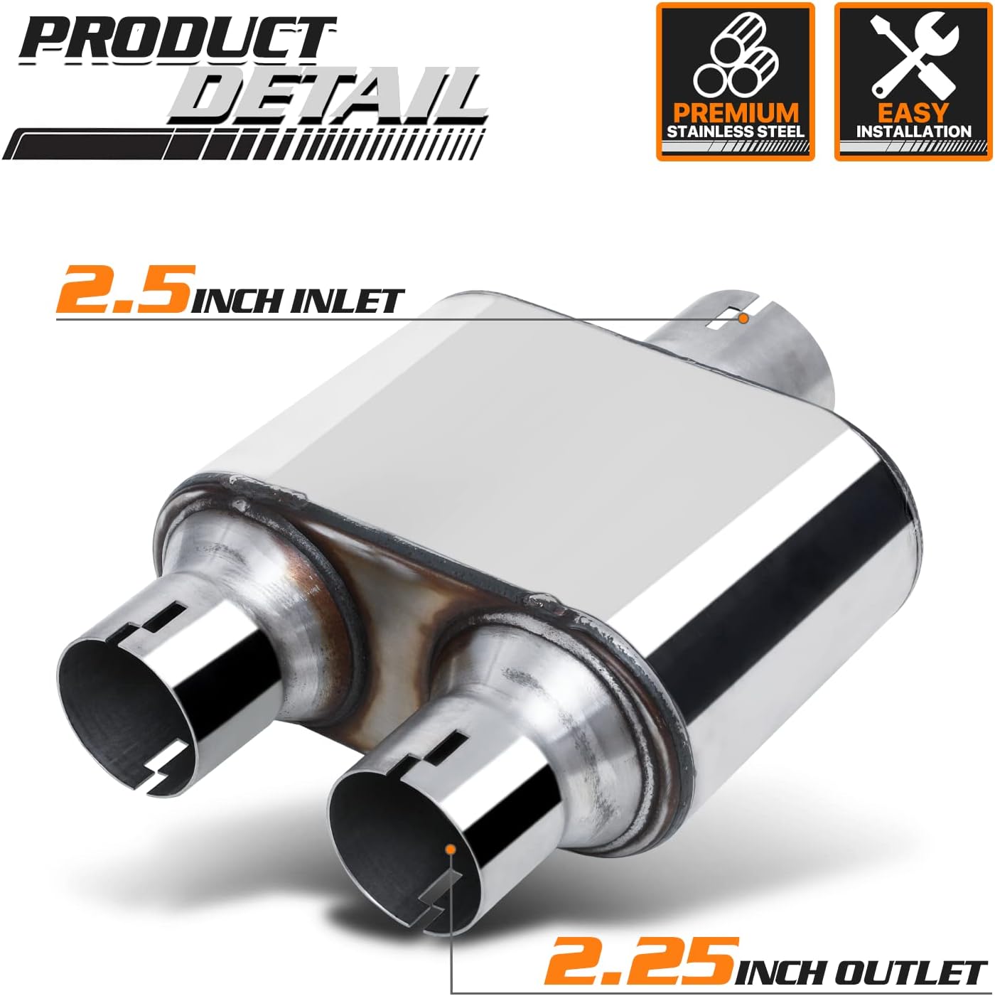 M-AUTO 2.5" Inlet and 2.25" Outlet Dual Universal Muffler, Heavy Duty Stainless Steel Auto Accessories Stright Cut Tip for Car Pickup Trucks, 12" Overall Length, Chrome