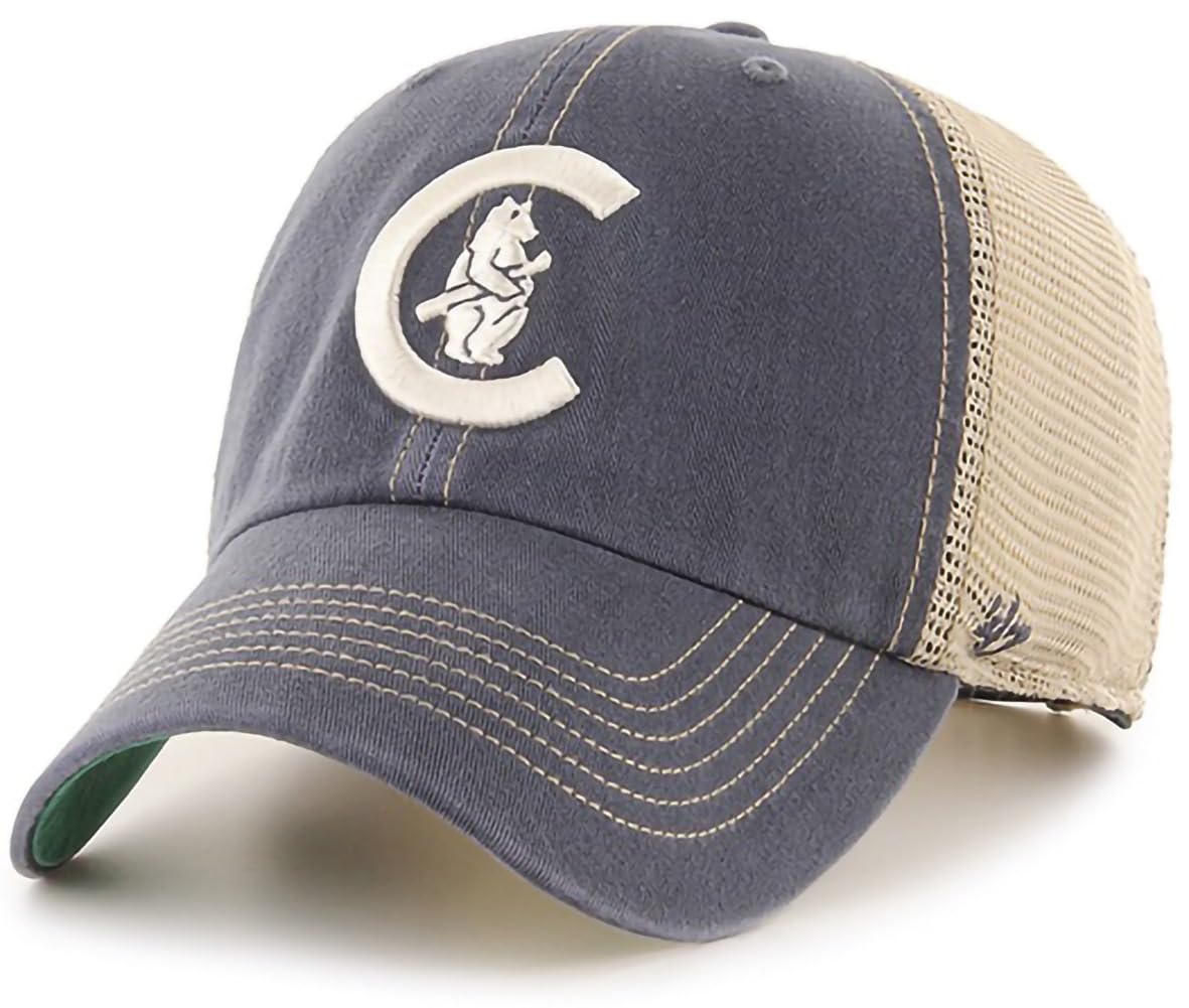 47 MLB Trawler Primary Logo Cooperstown Mesh Trucker Clean Up Adjustable Hat, Adult One Size Fits All, Chicago Cubs, One size
